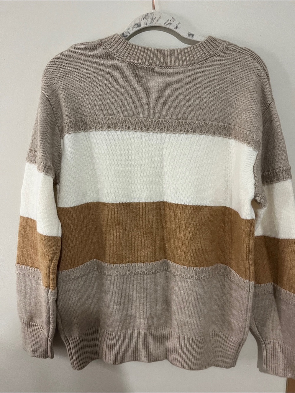Casual Colorblock Crewneck Sweater - Taupe, White & Brown - Picture 2 of 4